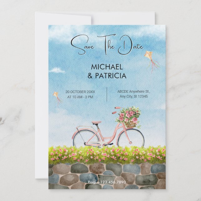 Save The Date Paysage de mariage à vélo sous le ciel bleu  (Devant)