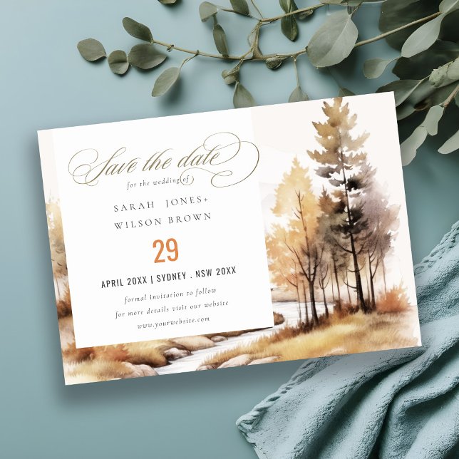 Save The Date Paysage de mariage automnal à l'aquarelle atténuée (Créateur téléchargé)
