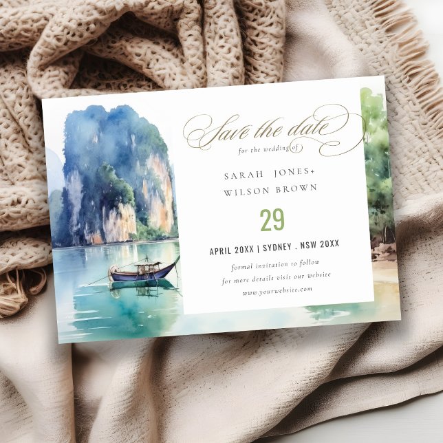 Save The Date Paysage de mer côtier de Thaïlande à l'aquarelle d (Créateur téléchargé)
