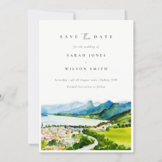 Save The Date Paysage de village de lac de campagne à l'aquarell