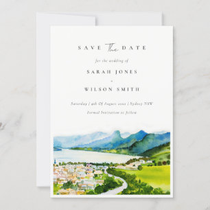 Save The Date Paysage de village de lac de campagne aquarelle