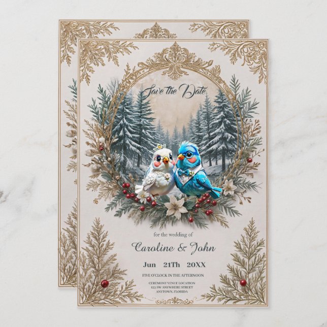 Save The Date Paysage d'hiver avec couple mariage d'oiseaux mign (Devant / Derrière)