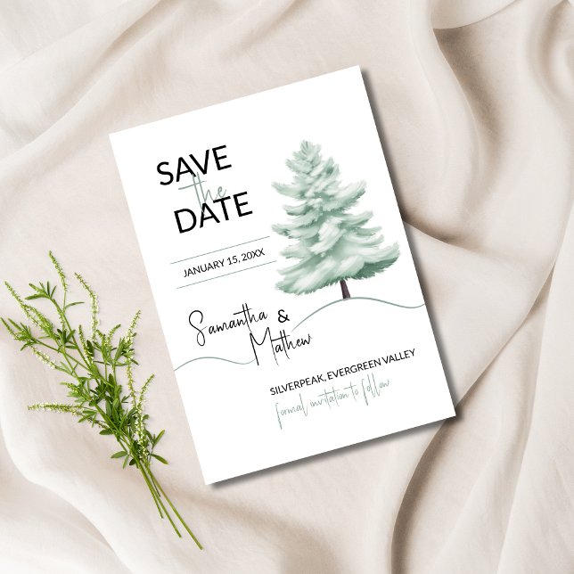 Save The Date Paysage hivernal à l'aquarelle avec un pin (Créateur téléchargé)