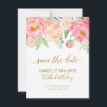 Save The Date Peach and Pink Peony Flowers 80th Birthday<br><div class="desc">Cette pêche et roses fleurs de pivoine 80e anniversaire sauf la date est parfait pour une soirée d'anniversaire d'étape élégante. Le design floral présente un bel agencement de pivoines d'aquarelle dans des tons de rougeur et de corail assortis à de somptueuses calligraphies de feuilles d'or imitation. Remarque : Ce design...</div>