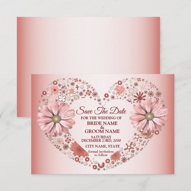 Save The Date Peach Floral Heart Modern (Devant / Derrière)