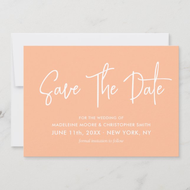 Save The Date Peach Modern Calligraphie Scannable QR Code Mariag (Devant)