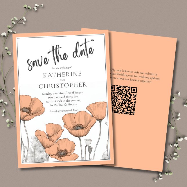 Save The Date Peach Poppies Moderne Élégant Mariage Floral (Peach Floral Poppies Save the Date with QR Code coordinates with the Peach Poppies Wedding Suite.
)