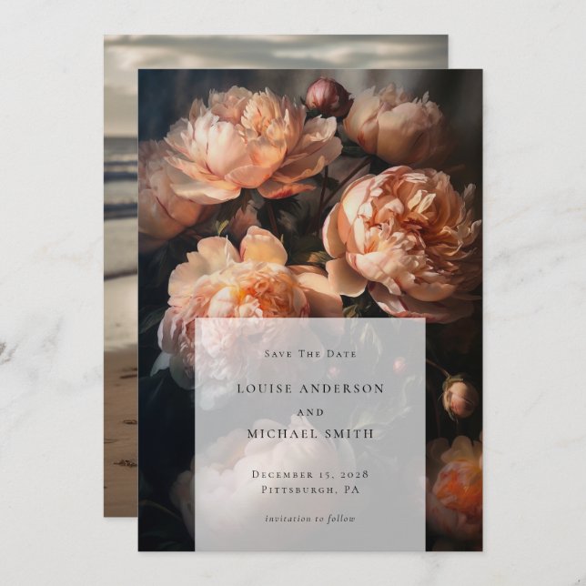 Save The Date Peach romantique Pastel Peony Mariage floral Photo (Devant / Derrière)