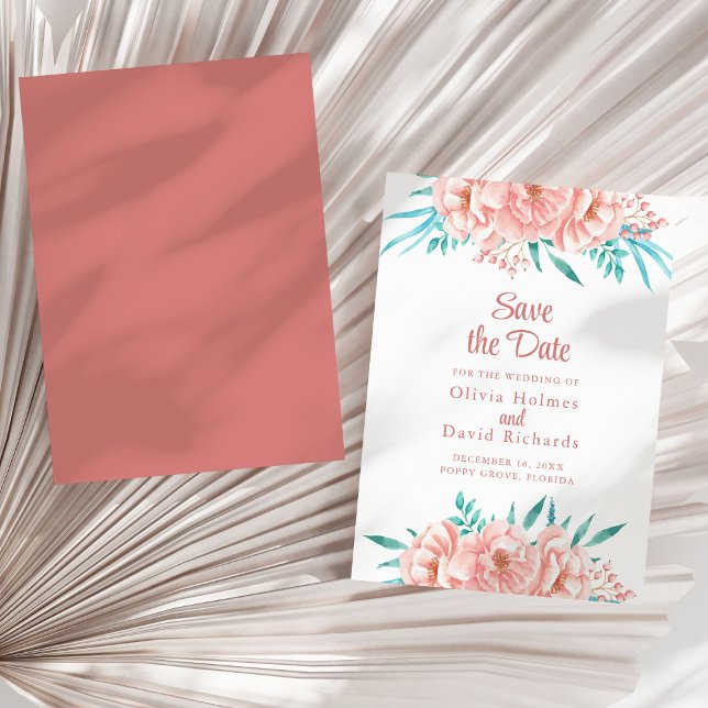 Save The Date Peach rose et floral turquoise Enregistrer la cart (Peach and Turquoise Save the Date Card on a sunny white dry palm leaf.)