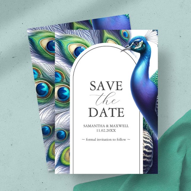 Save The Date Peacock Enregistrer La Date Annonces Mariages (Save the date invitation card features peacock in shades of blue, green and purple)