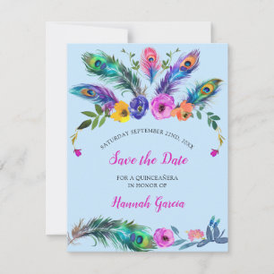 Save The Date Peacock Feathers & Fleurs Quinceañera Baby Blue