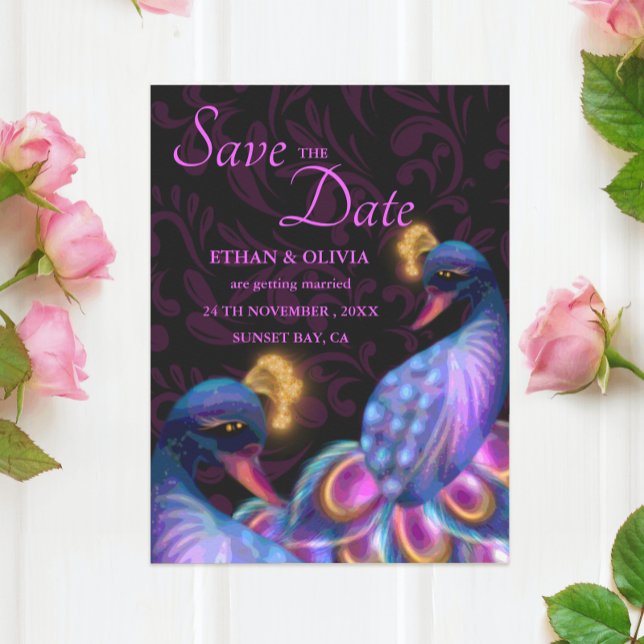 Save The Date Peacock Jewel Tones Mariage Floral Moody violet (Créateur téléchargé)