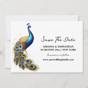 Save The Date Peacock oiseau luxueux blanc or minimaliste chic