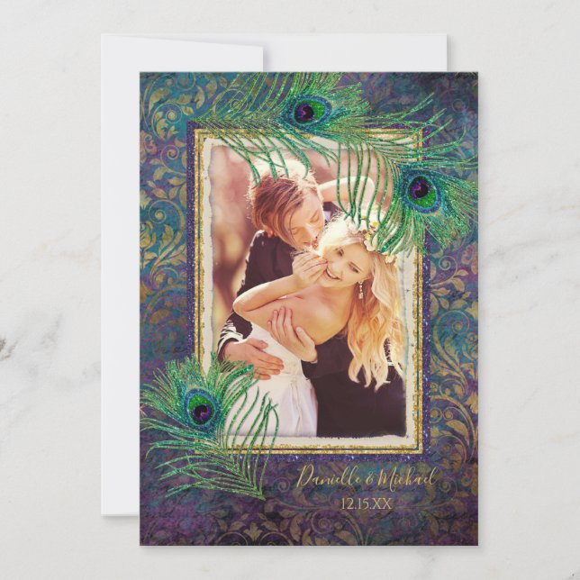 Save The Date Peacock Parties scintillant de plumes violet photo (Devant)