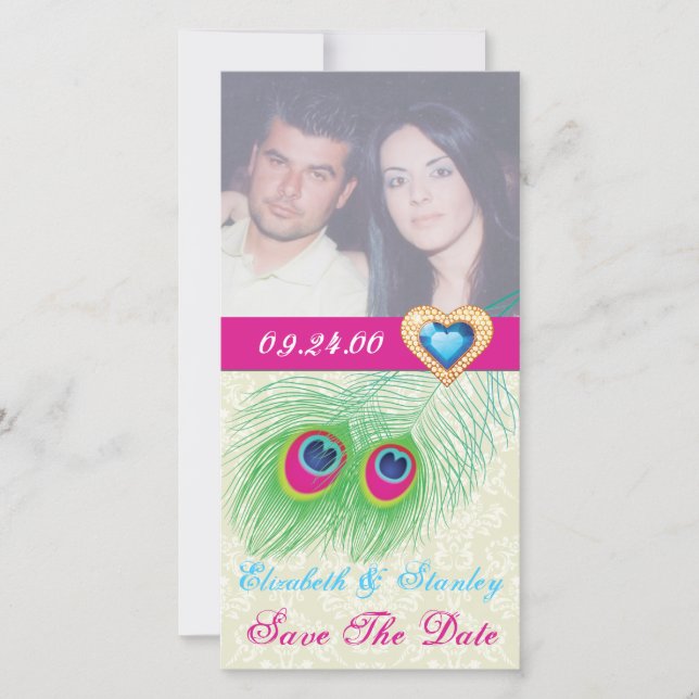 Save The Date Peacock plumes bijou coeur mariage Enregistrer la  (Devant)