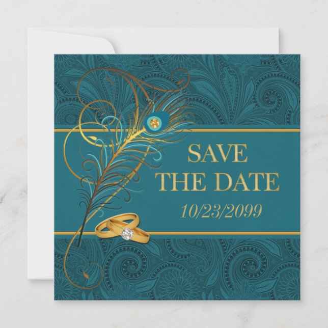 Save the Date Peacock Teal Wedding with Gold (Devant)