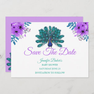 Save The Date Peacock vert et bleu   Fleurs d'aquarelle violette