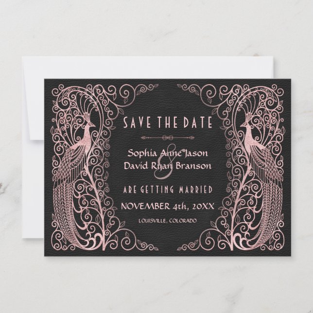Save The Date Peacocks rose Gold Art Déco Noir Enregistrer La Da (Devant)