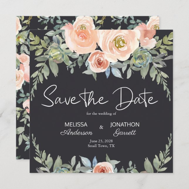 Save The Date Pêche Green Navy Pastel Floral Élégant (Devant / Derrière)