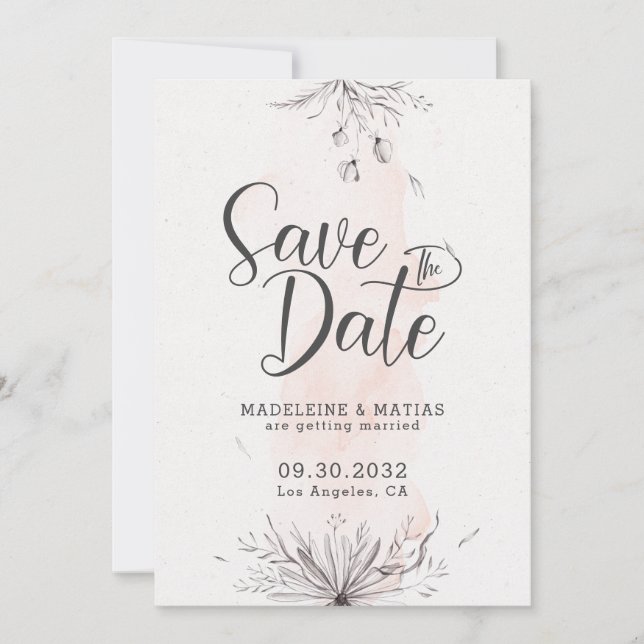 Save The Date Pêche & gris floral romantique mariage élégant (Devant)