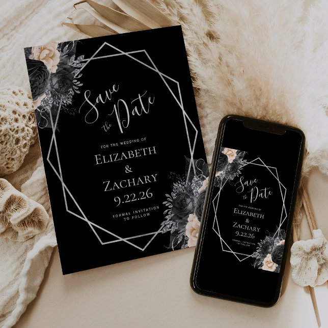Save The Date Pêcher Argent Floral Geo Black Enregistrer la date (Créateur téléchargé)