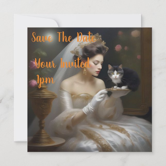 Save The Date Peinture à l'huile de mariée de chat, (Devant)
