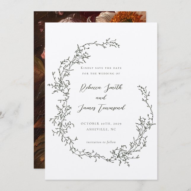 Save The Date Peinture de la couronne botanique Mariage d'olivie (Devant / Derrière)