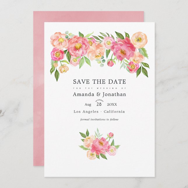 Save The Date Peonies d'aquarelle rose Pastel Photo Mariage (Devant / Derrière)