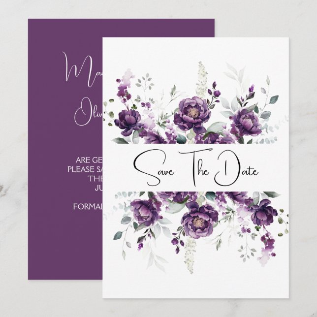 Save The Date Peonies de prune violette foncée Sauvez la date (Devant / Derrière)