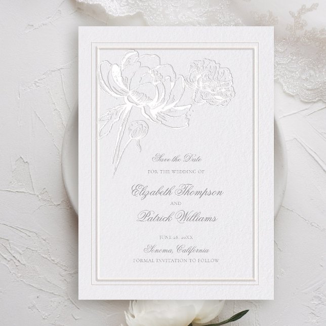 Save The Date Peonies ivoire double cadre Formal Elégant Mariage (peony save the date formal modern classic traditional calligraphy double frame faux embossed ivory)