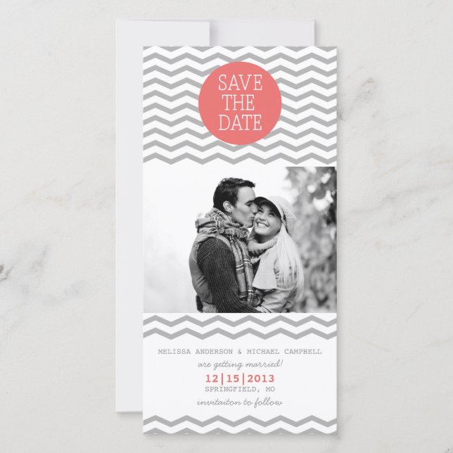 Save The Date Perfect Chevron Coral & Grey Enregistrer La Date P (Devant)