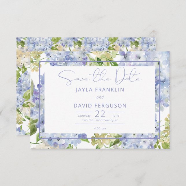 Save The Date Périwinkle bleu blanc Hydrangea Mariage (Devant / Derrière)