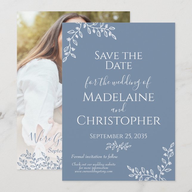 Save The Date Périwinkle White Botanical Boho Mariage photo (Devant / Derrière)