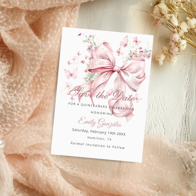Save The Date Perles de boule rose Quinceañera Enregistrer la ca (Pink Bow Pearls Quinceañera save the date card)