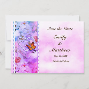 Save The Date Perles de cœur de papillon Floral Sérénité Roses r