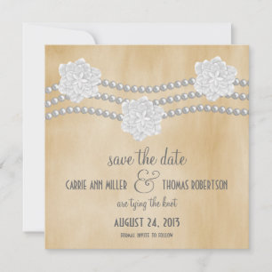 Save The Date Perles et fleurs Sauvez la date Invitation, ivoire