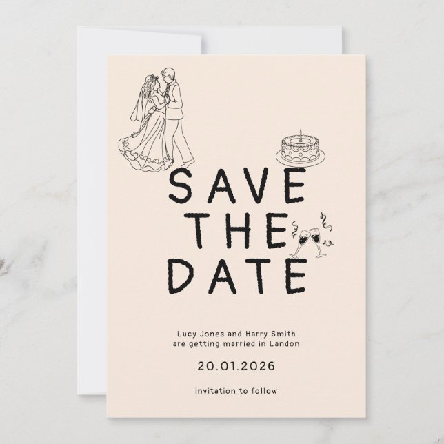 Save The Date Personnalisé Simple avec Illustration de la Mariée (Devant)
