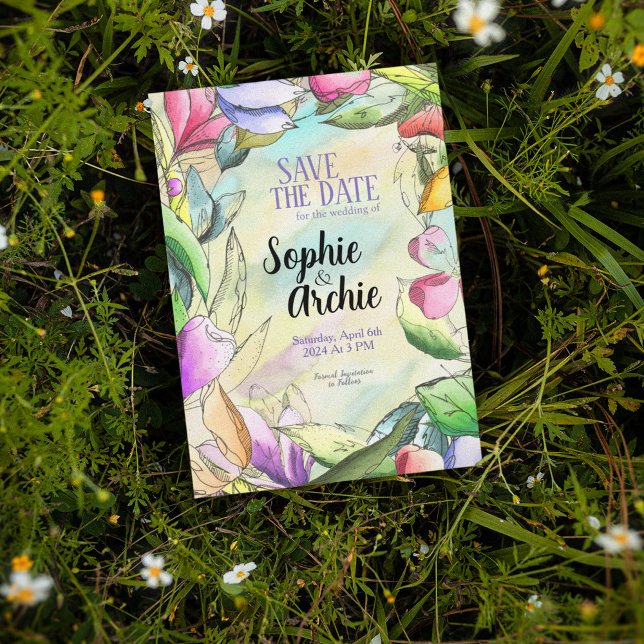 Save The Date Personnaliser l'aquarelle avec fleurs en relief (Créateur téléchargé)