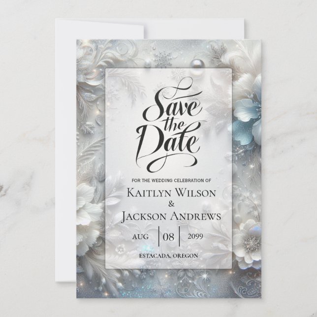 Save The Date Pétales enneigés dans un mariage de floraison gelé (Devant)