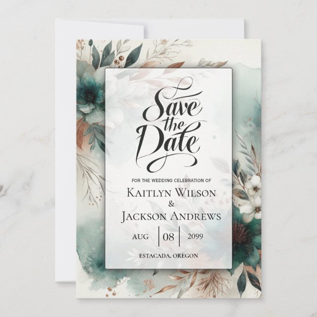 Save The Date Pétales sarcelles dans un mariage Fleur bronze (Devant)