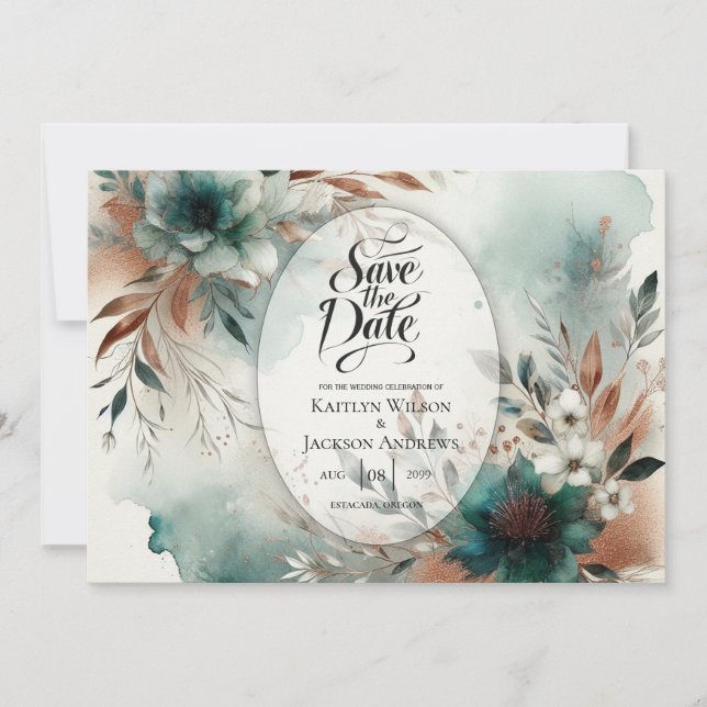 Save The Date Pétales turquoises en Mariage de fleurs de bronze (Devant)