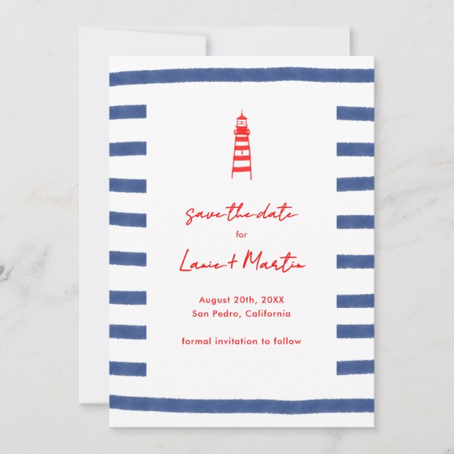 Save The Date Phare rayé rouge bleu côte est (Devant)