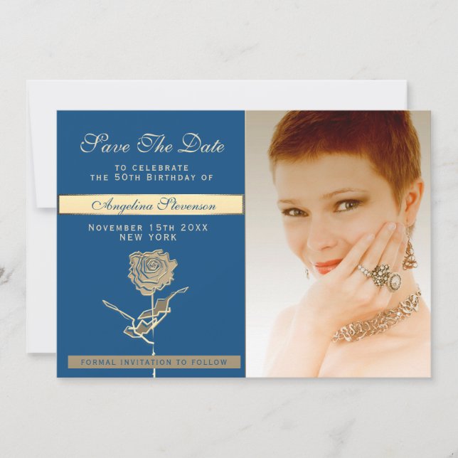 Save The Date Photo 50e Anniversaire Luxe Classique Bleu et Or (Devant)