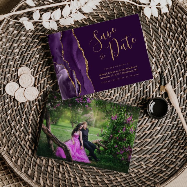 Save The Date Photo Agate Purple Gold Plum Enregistrer la date (Créateur téléchargé)