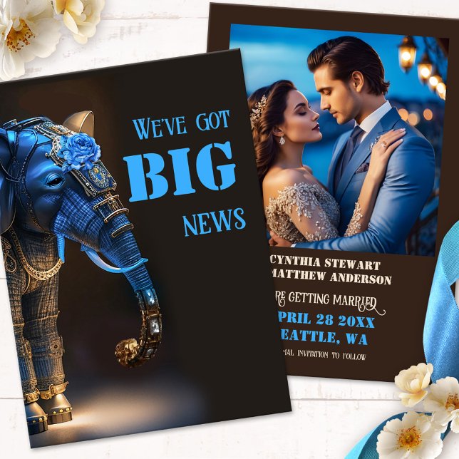 Save The Date Photo amusante d'éléphant (Funny photo Save the Date card featuring a steampunk whimsical elephant, announcing the BIG news)