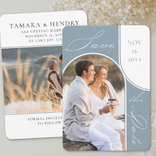 Save The Date Photo Arc moderne Élégante Calligraphie Dusty Blue