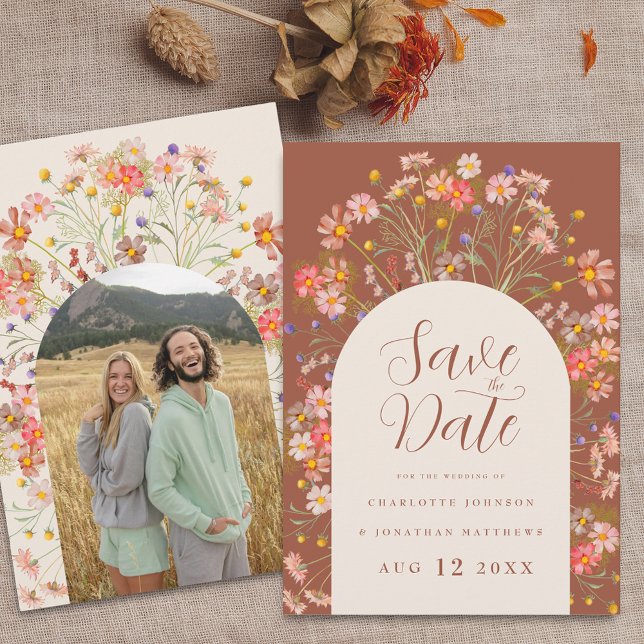 Save The Date Photo Arch Boho Fall Rustic Fleur sauvage Mariage (Arch photo boho fall rustic wildflower terracotta burnt orange & beige wedding save the date invite)