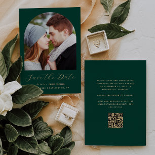 Save The Date Photo Arch QR Code Emerald Green Gold Script