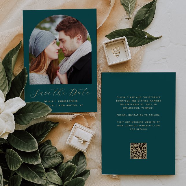 Save The Date Photo Arch QR Code Turquoise Blue Gold Script (Créateur téléchargé)