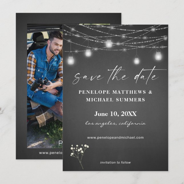 Save The Date Photo Baby's Breath Gris Tableau Noir (Devant / Derrière)